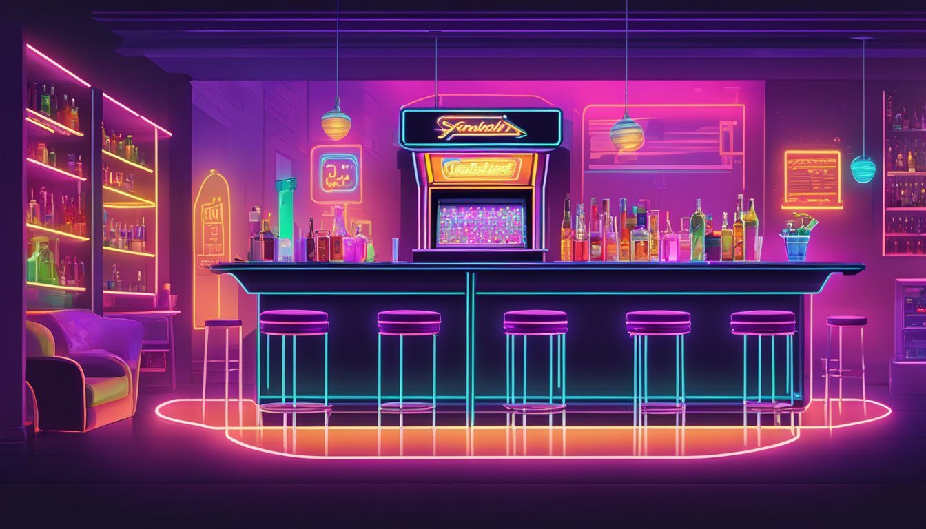 A vibrant, neon-lit bar with retro arcade games and a sleek cocktail lounge area