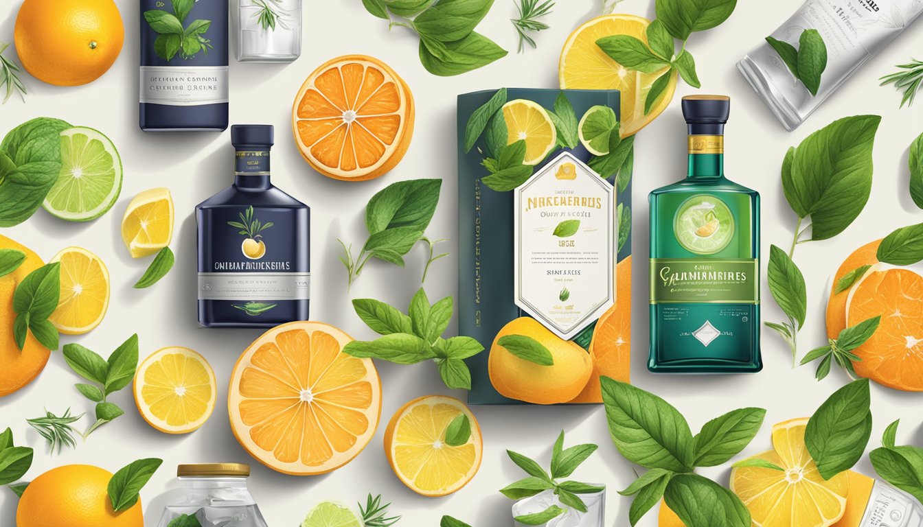 A sleek, branded box filled with high-quality spirits, mixers, and garnishes, surrounded by fresh citrus and herbs