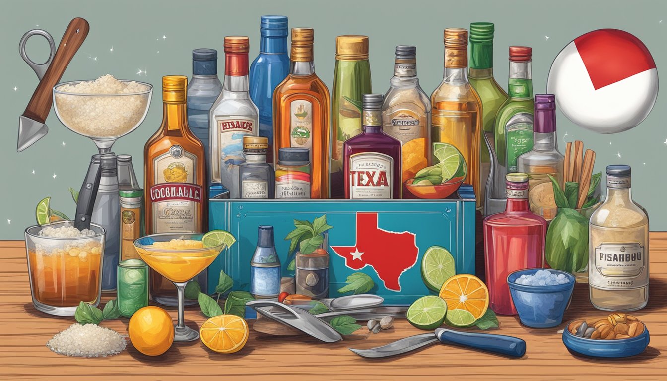 A colorful array of cocktail ingredients and tools arranged neatly in a box, with a Texas flag in the background