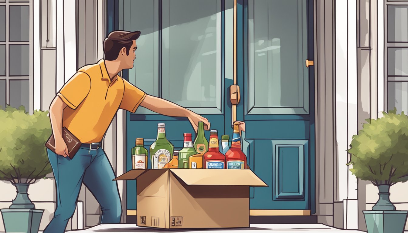 A delivery person drops off a box of cocktail essentials at a Texas doorstep