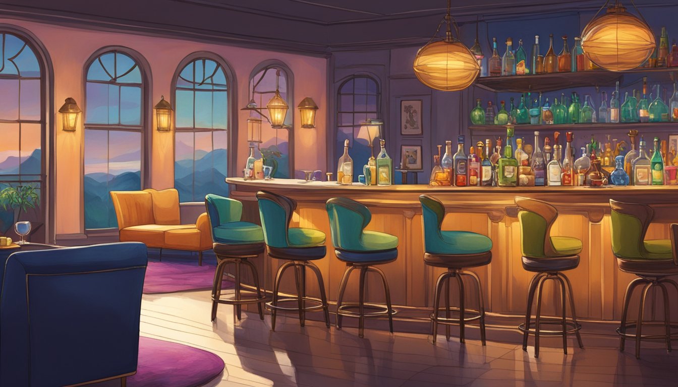 A cozy lounge with dim lighting, plush seating, and a sleek bar adorned with colorful bottles and glassware. A mouse figurine sits atop the counter, adding a whimsical touch to the sophisticated ambiance