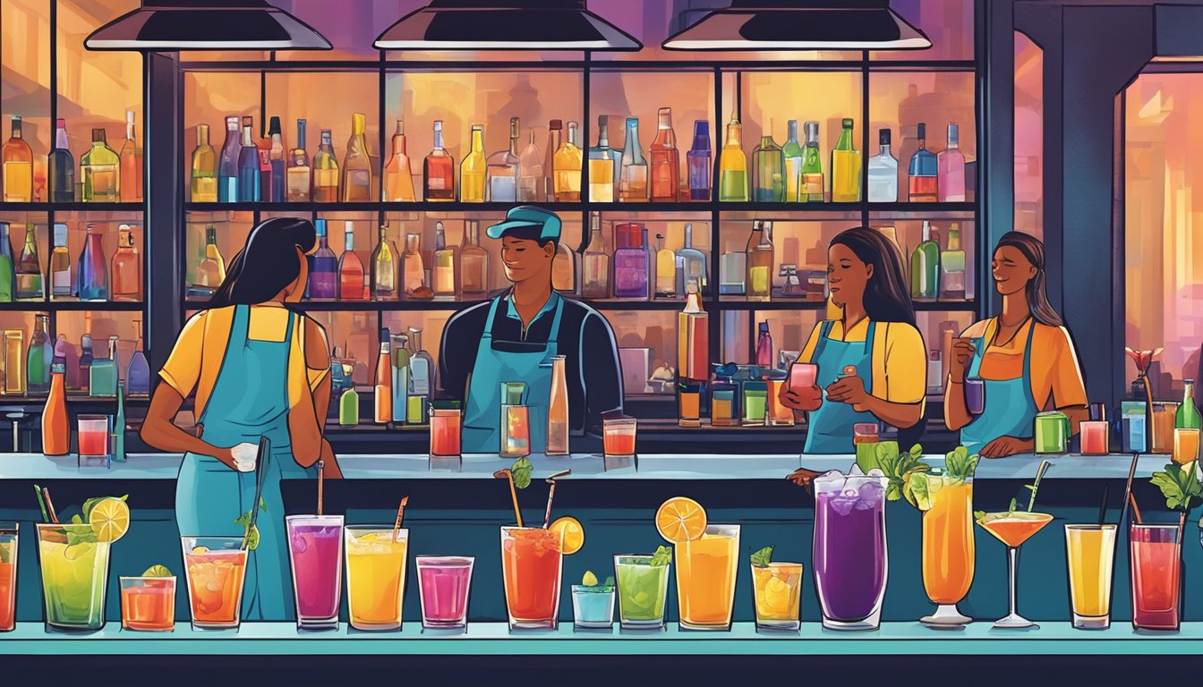 A colorful and vibrant bar scene with a variety of ready-to-serve cocktails being prepared and served to customers in Texas