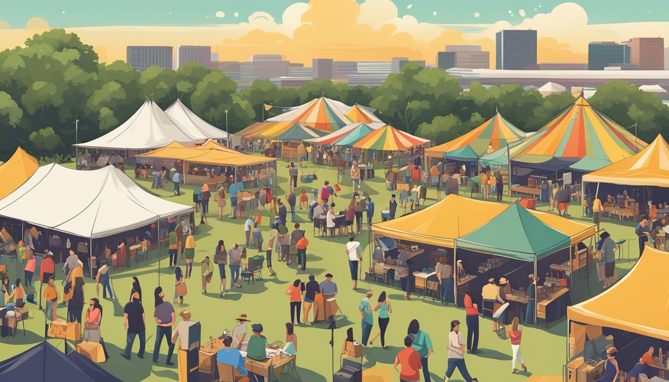 Colorful tents and banners line the festival grounds, with rows of craft beer and cocktail booths. A lively crowd enjoys live music and tastings under the Texas sun