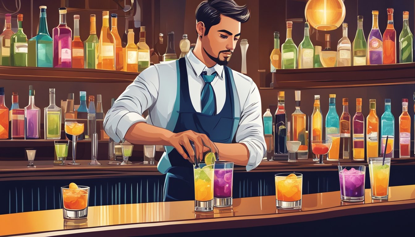 A bartender expertly prepares and serves a selection of colorful and sophisticated cocktails at a stylish bar in Texas