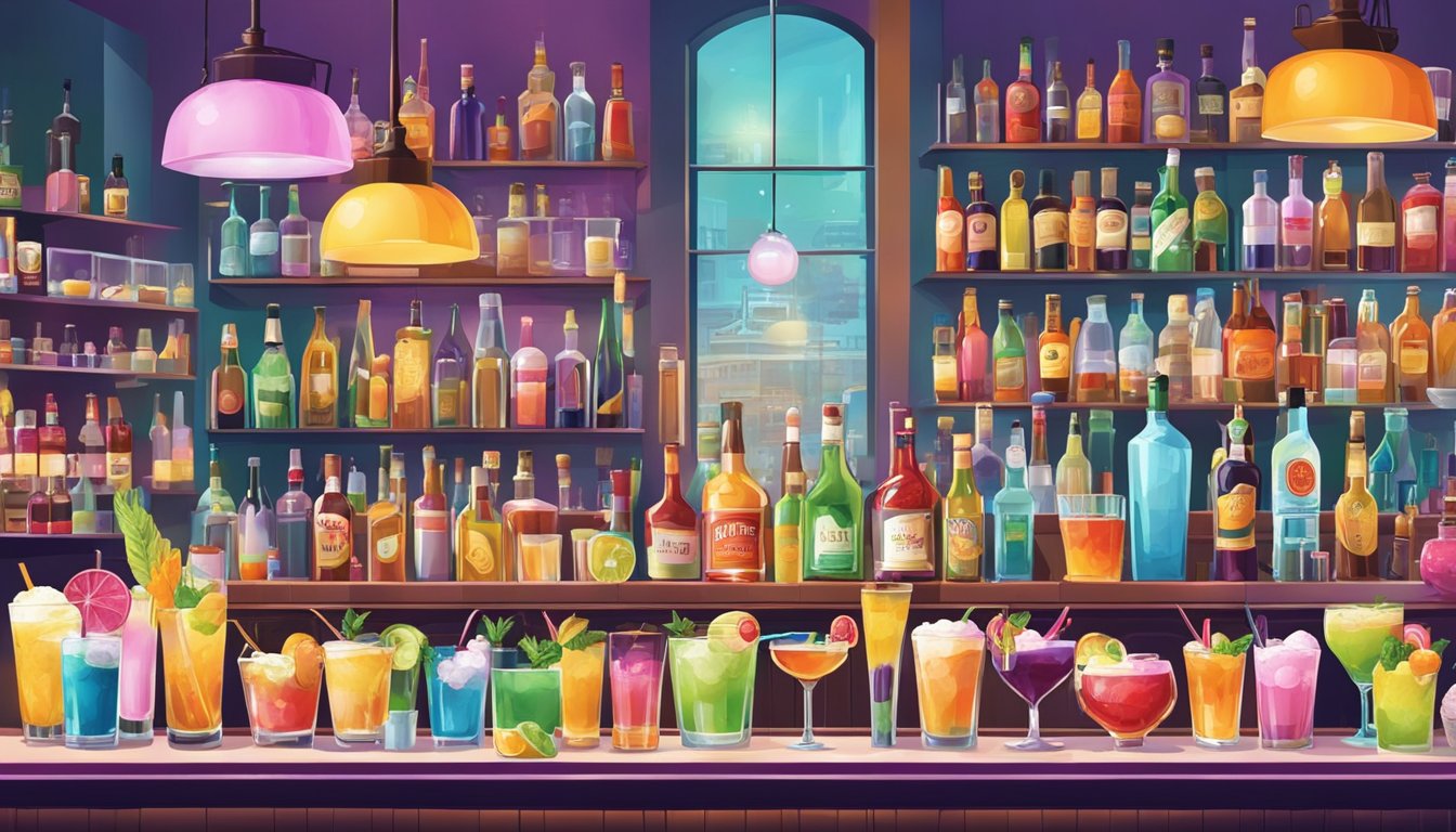 A colorful, bustling bar scene with a large selection of alcohol-infused ice cream and cocktails being prepared and served