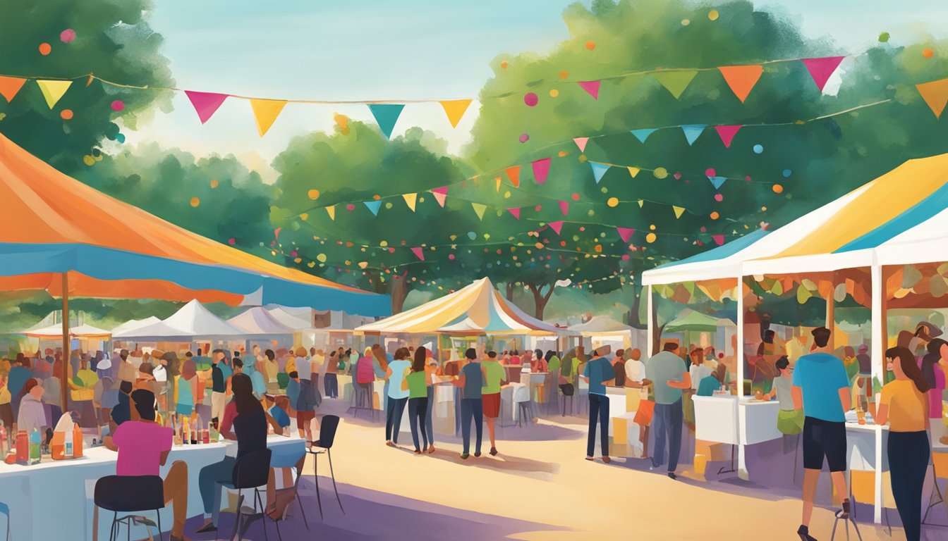 A festive outdoor scene with colorful cocktail booths, live music, and people enjoying food and drinks at the South Texas Wine & Food Festival