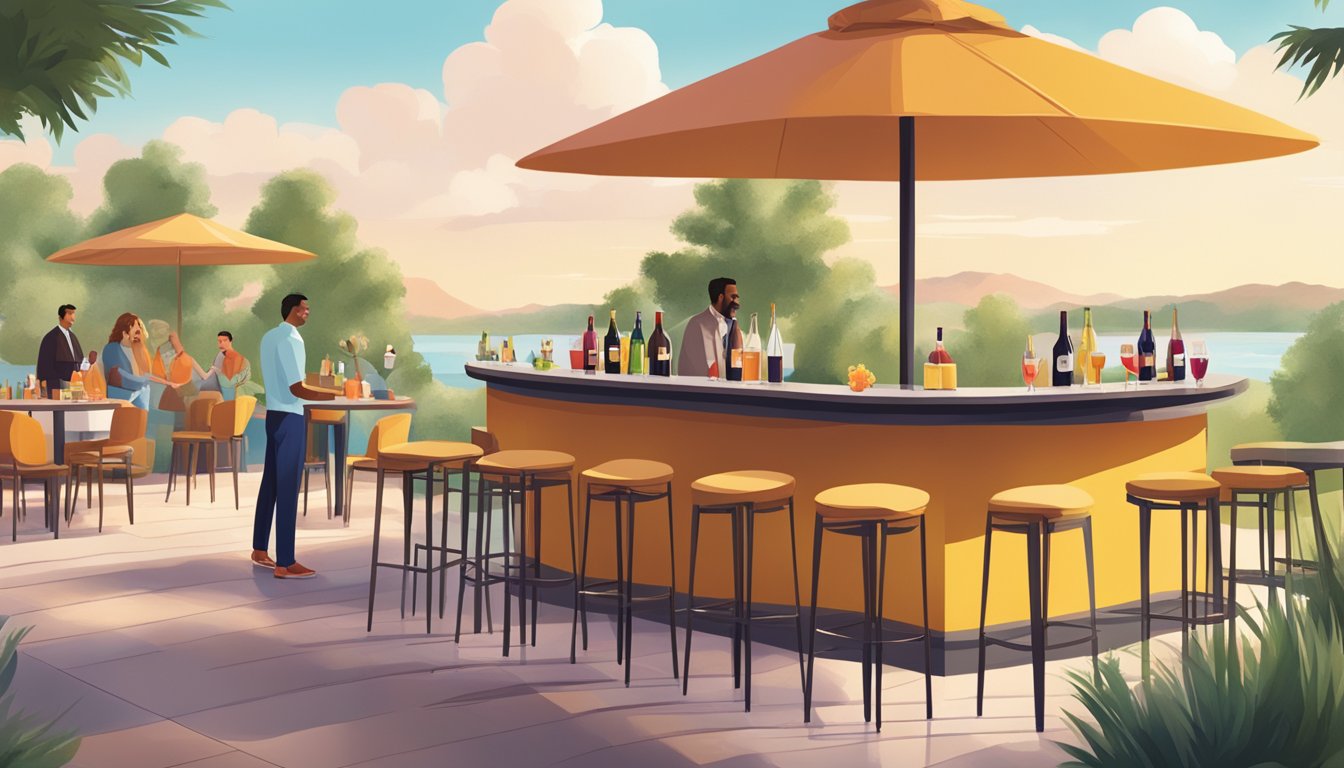 A vibrant Texas landscape with a luxurious outdoor bar showcasing an assortment of Winc Wine-Based Cocktails being served to happy patrons