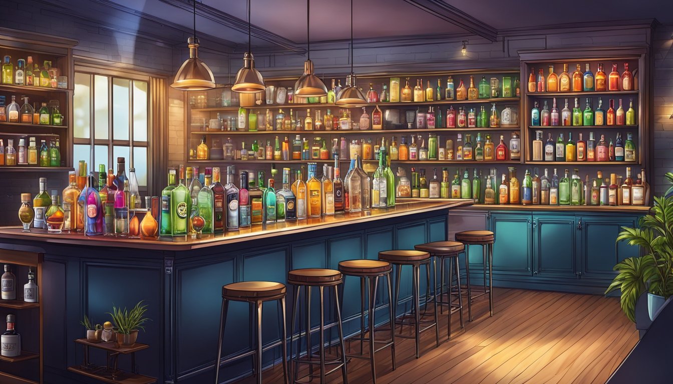 A vibrant cocktail bar with a mix of classic and innovative drinks, surrounded by shelves of premium spirits and fresh ingredients