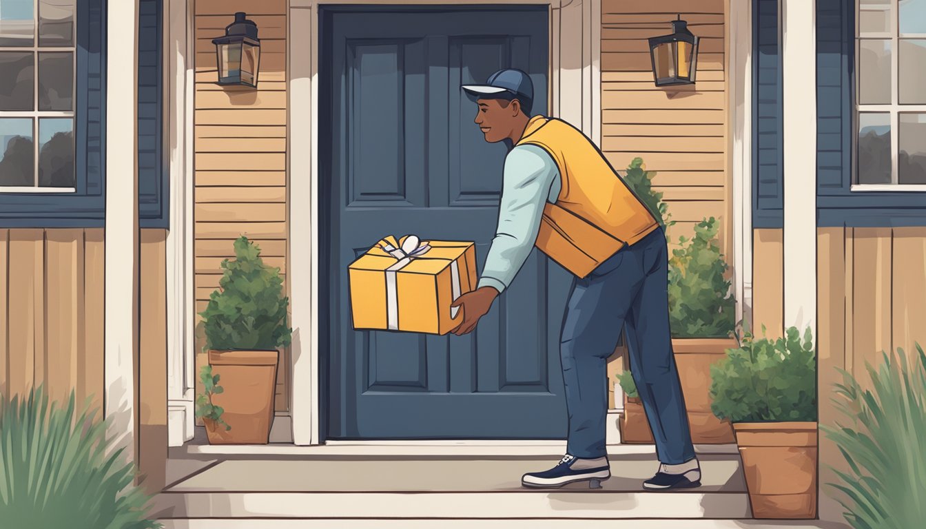 A delivery person handing over a cocktail package to a customer at their doorstep in Texas