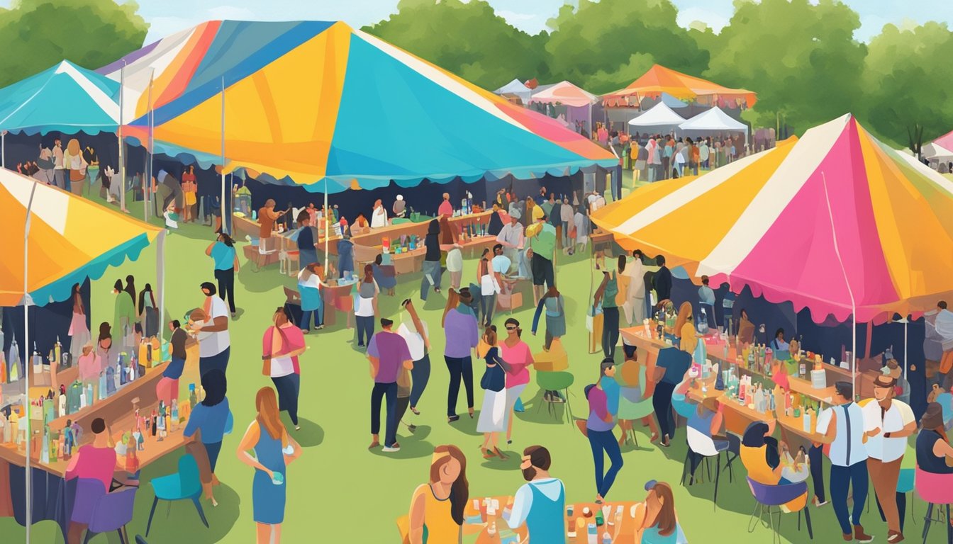 Crowds gather under colorful tents, sampling creative cocktails. Live music fills the air as vendors showcase their best drinks at the Texas cocktail festival