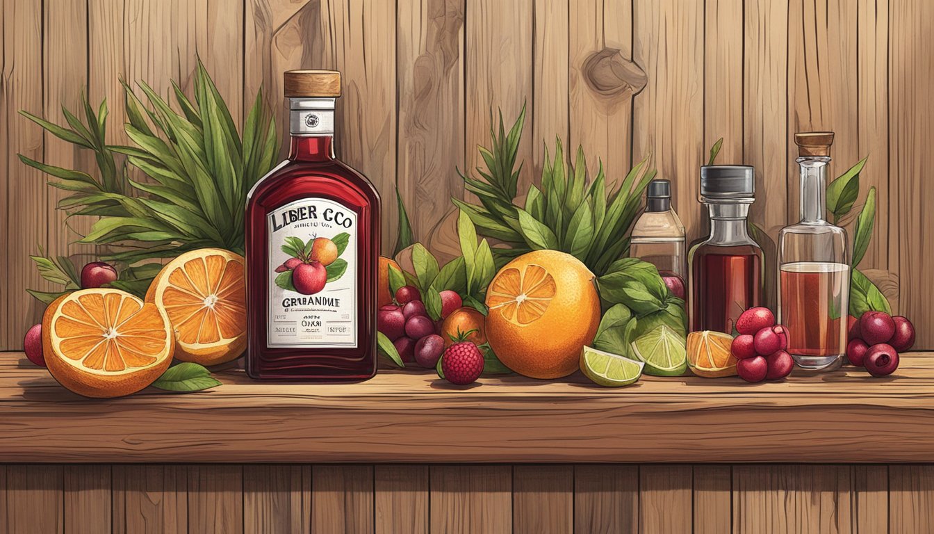 A bottle of Liber & Co. Real Grenadine surrounded by fresh fruits and cocktail ingredients on a rustic wooden bar counter