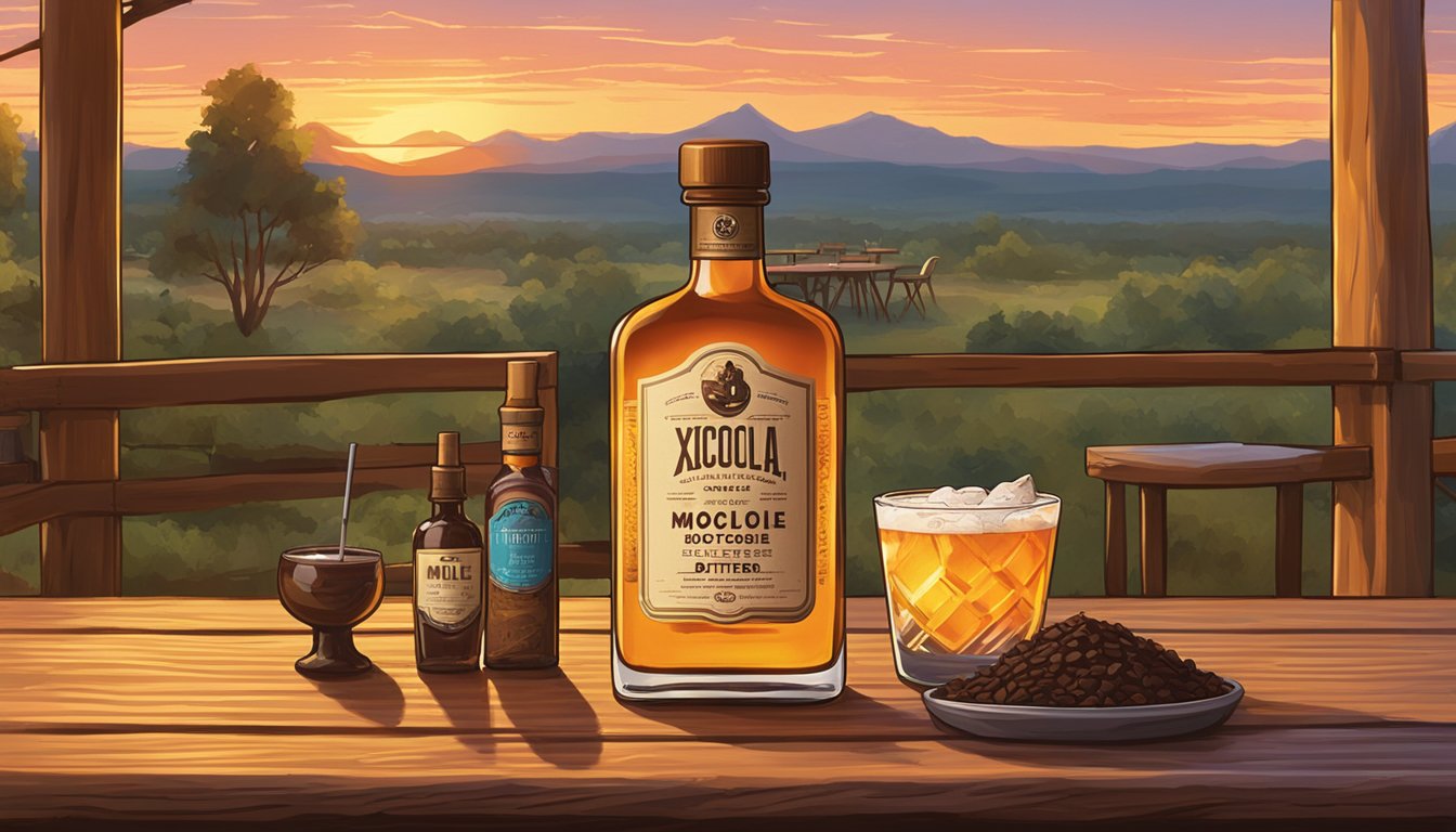 A bottle of Bittermens Xocolatl Mole Bitters sits on a rustic wooden bar, surrounded by other cocktail mixers and bitters. A warm Texas sunset casts a golden glow on the scene