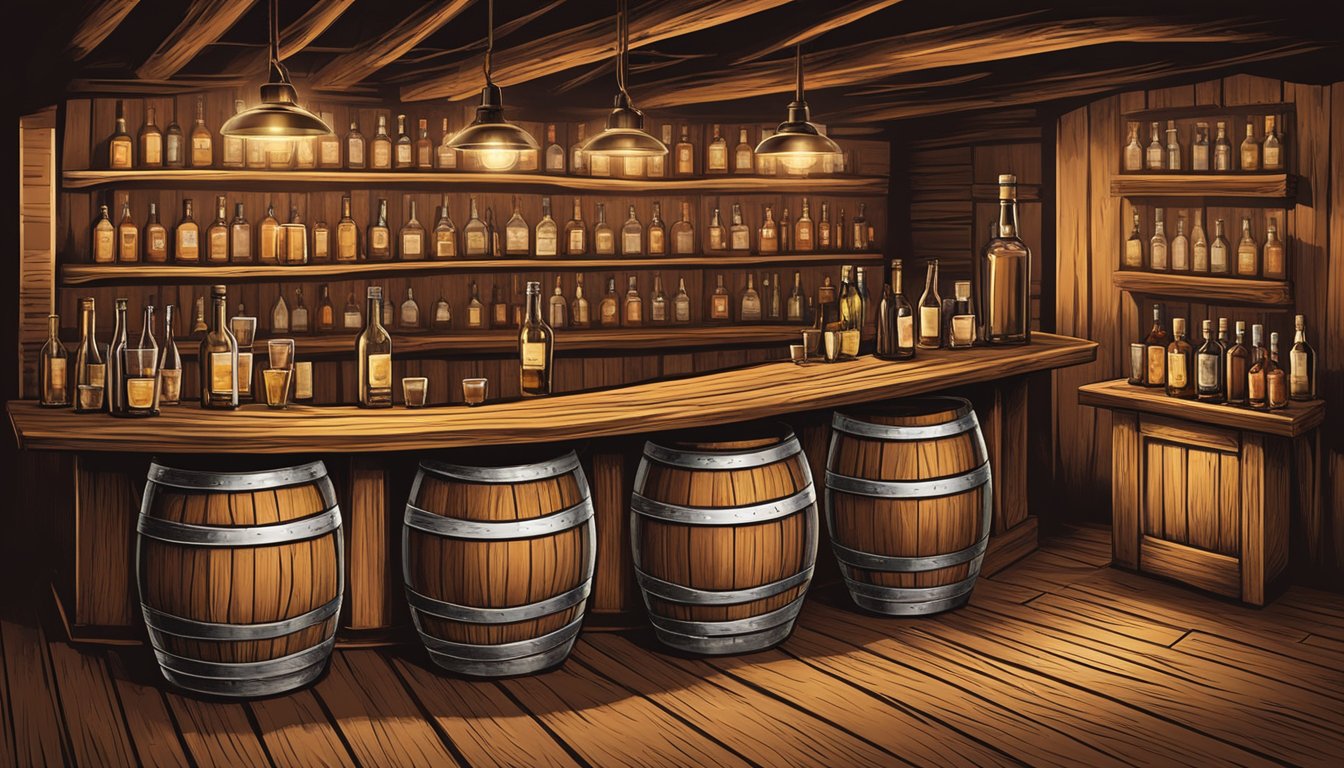 A rustic wooden bar with rows of whiskey bottles, oak barrels, and tasting glasses. A warm, inviting atmosphere with a hint of Texas charm