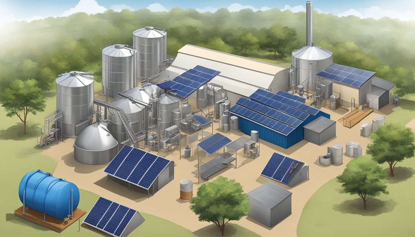 A Texas distillery with solar panels, rainwater collection, and recycling bins