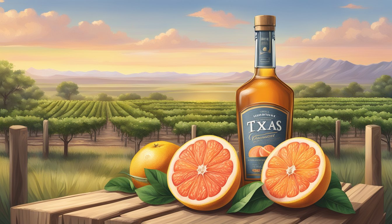 A vibrant Texas grapefruit shrub bottle surrounded by fresh grapefruits and a rustic wooden crate, with a backdrop of a Texas landscape