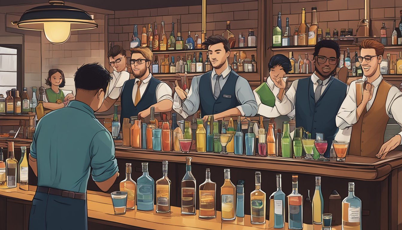 A bustling bartending school in Texas, with students practicing mixology techniques and showcasing their skills to a crowd of impressed onlookers