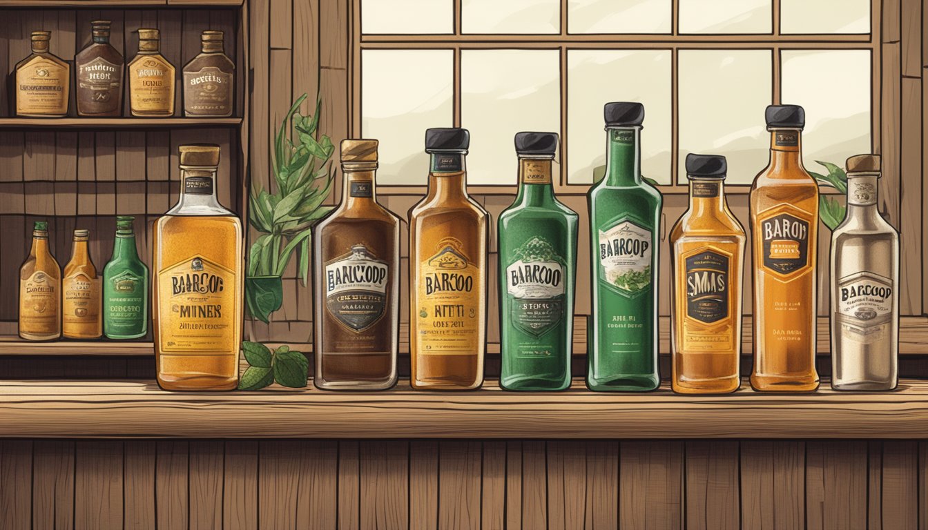 A rustic bar setting with bottles of Barcoop Bevy Ginger Smash mixers and bitters arranged on a wooden shelf