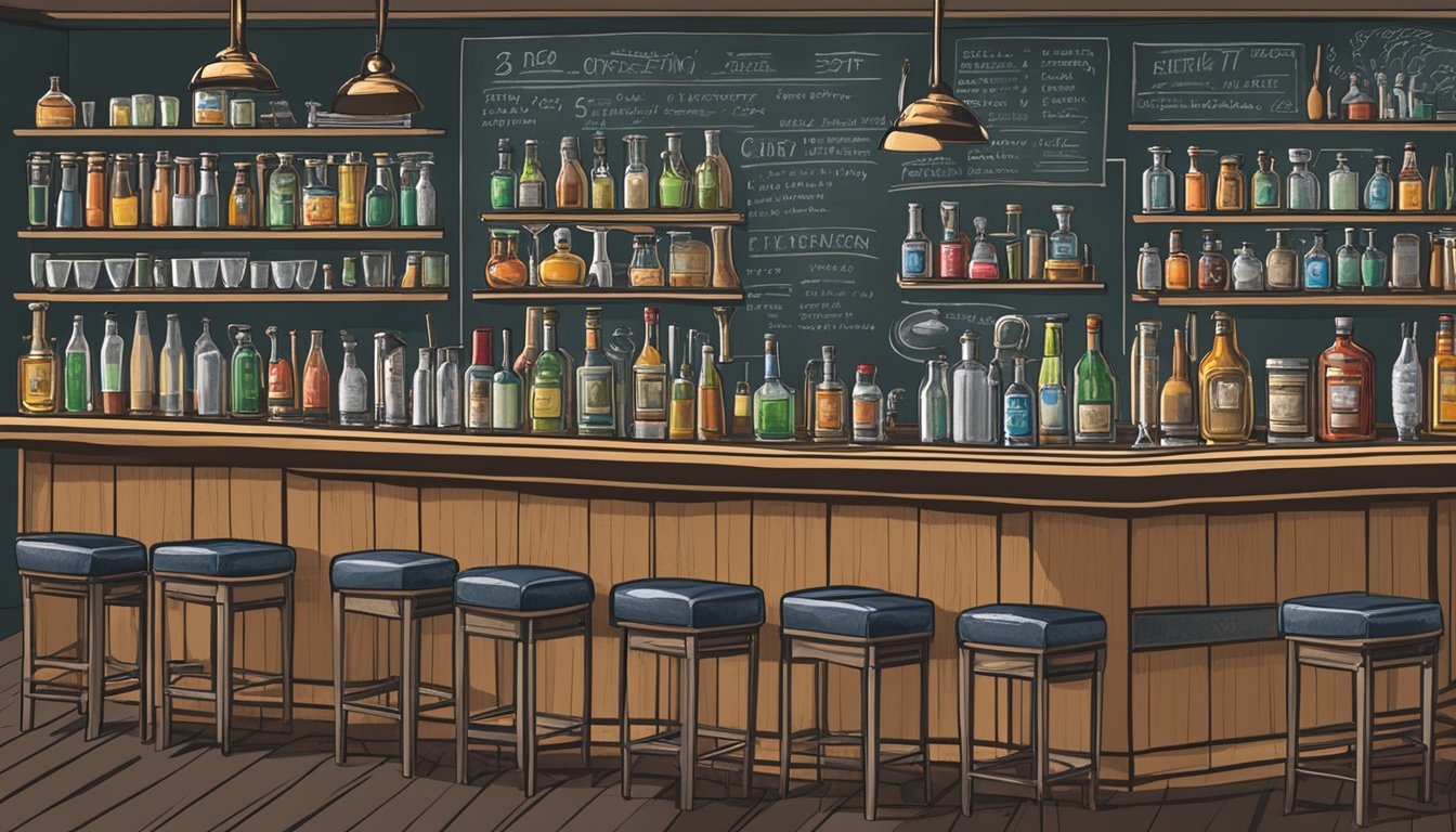 A bustling bar with rows of cocktail shakers, bottles, and bar tools. A chalkboard displays class schedules and upcoming events