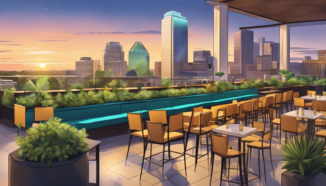 A vibrant rooftop bar with modern furniture, lush greenery, and panoramic views of San Antonio's skyline