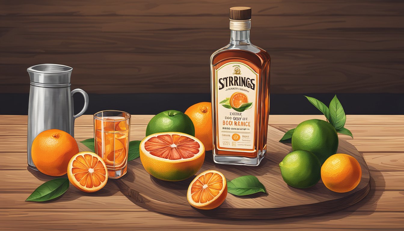 A bottle of Stirrings Blood Orange Bitters stands on a rustic wooden bar, surrounded by fresh citrus fruits and a cocktail shaker