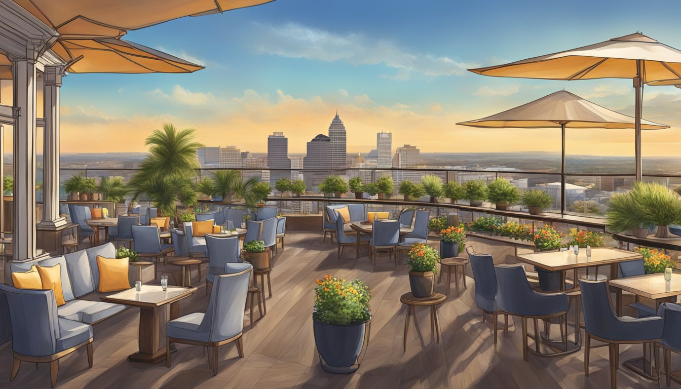 The Skybar at The Fairmount Hotel overlooks San Antonio with a stunning view of the city skyline and a vibrant atmosphere