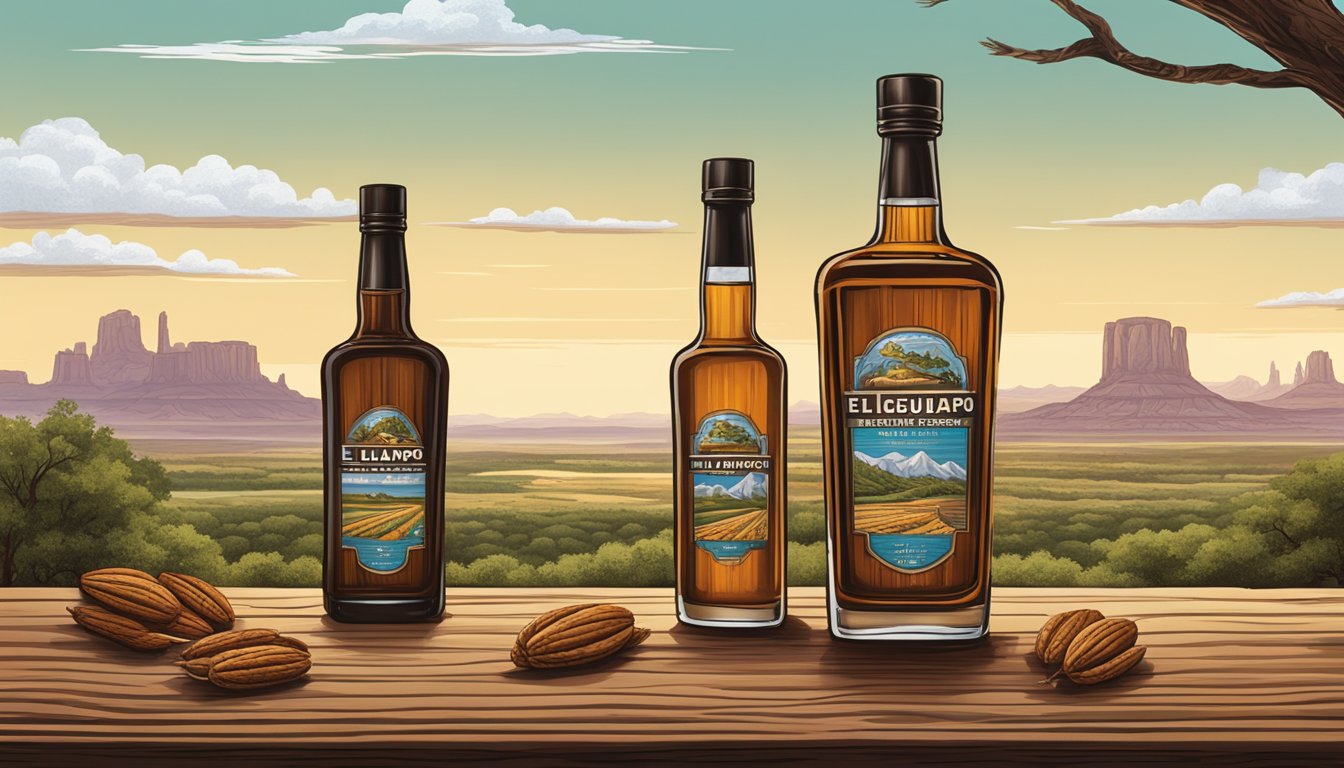 A rustic wooden bar with bottles of El Guapo Chicory Pecan Bitters displayed against a backdrop of a Texas landscape