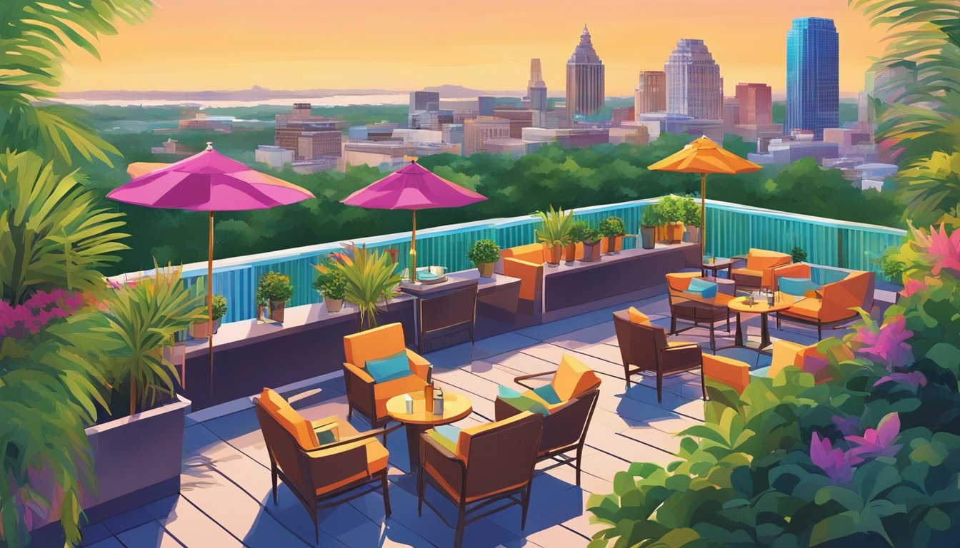 A vibrant rooftop bar with colorful umbrellas, lush greenery, and a stunning view of the San Antonio skyline