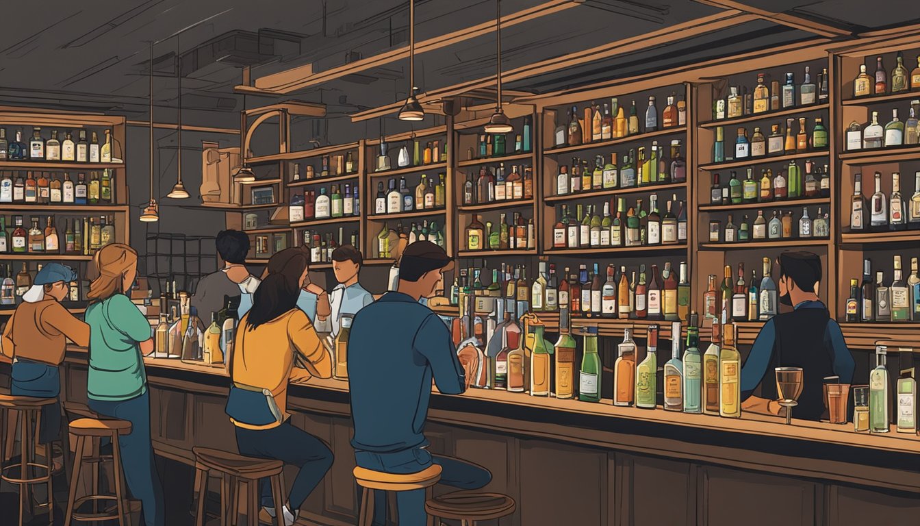 A bustling bar with students practicing mixology techniques under the guidance of instructors. Shelves are lined with various bottles of craft spirits