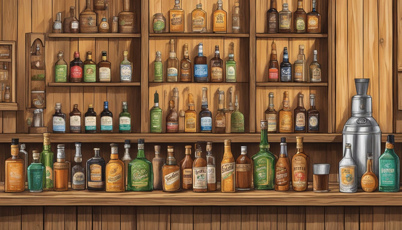 A rustic wooden bar with a bottle of Scrappy's Bitters Cardamom as the focal point, surrounded by other Texas-made mixers and bitters