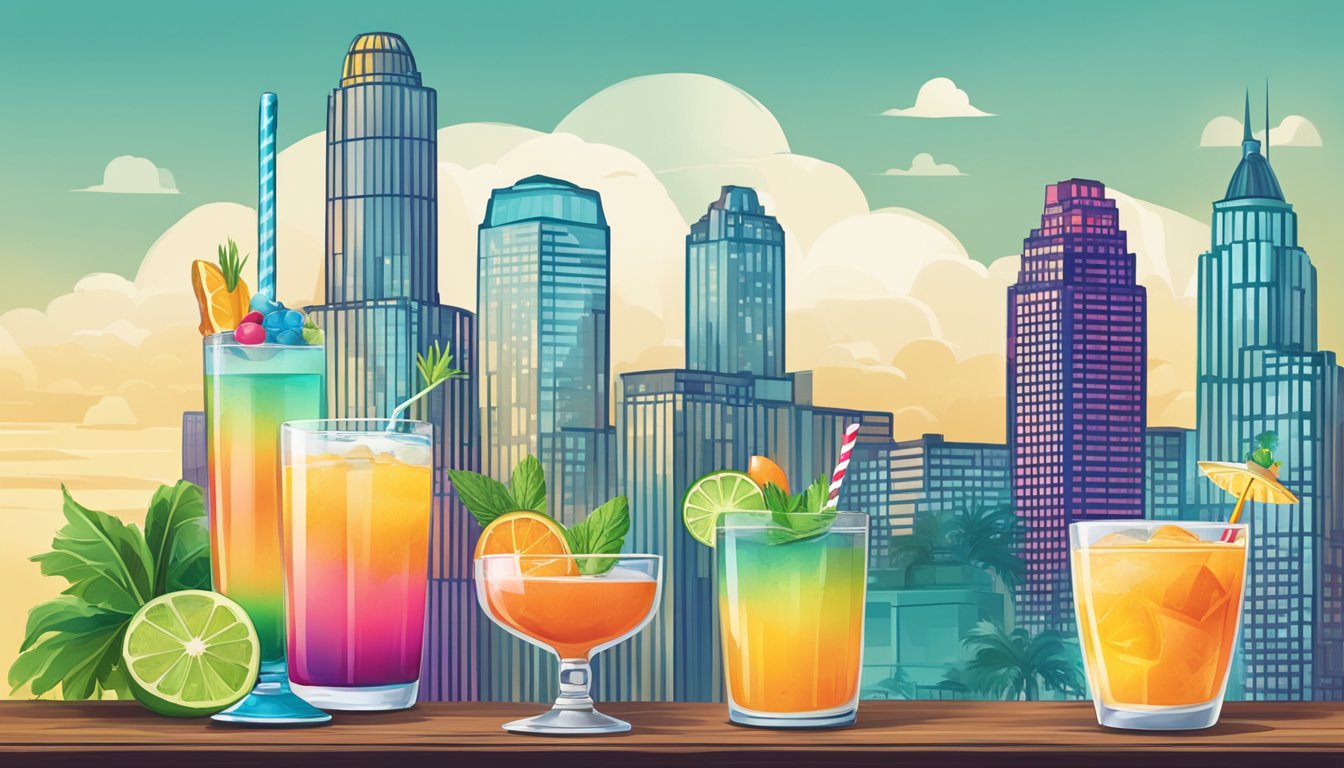 A vibrant online banner featuring Texas skyline and cocktail shakers