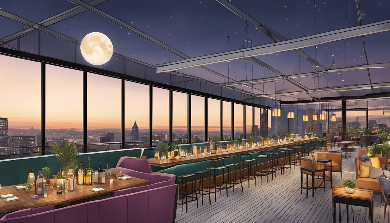 The Moon's Daughters at Thompson Hotel: a vibrant rooftop bar with panoramic city views, chic decor, and a lively atmosphere