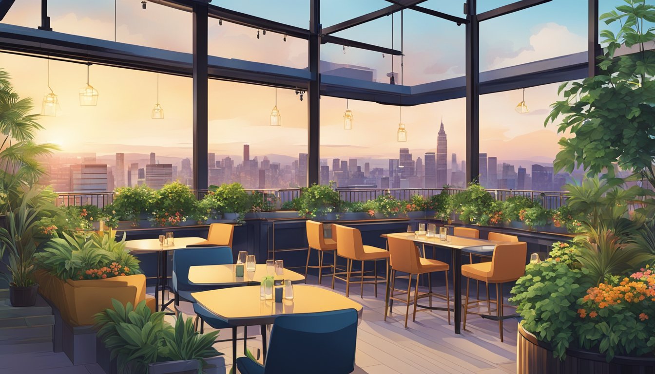 A vibrant rooftop bar with panoramic city views, lush greenery, and modern seating arrangements