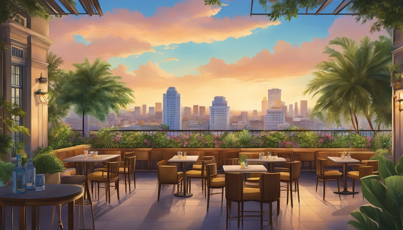 The Havana Bar at Hotel Havana is a vibrant rooftop bar in San Antonio, with cozy seating, lush greenery, and a stunning view of the city skyline