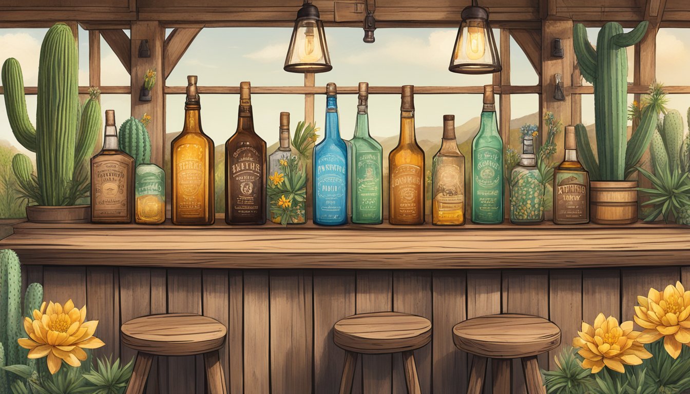 A rustic wooden bar adorned with Texas-made bitters bottles, surrounded by native Texan wildflowers and cacti