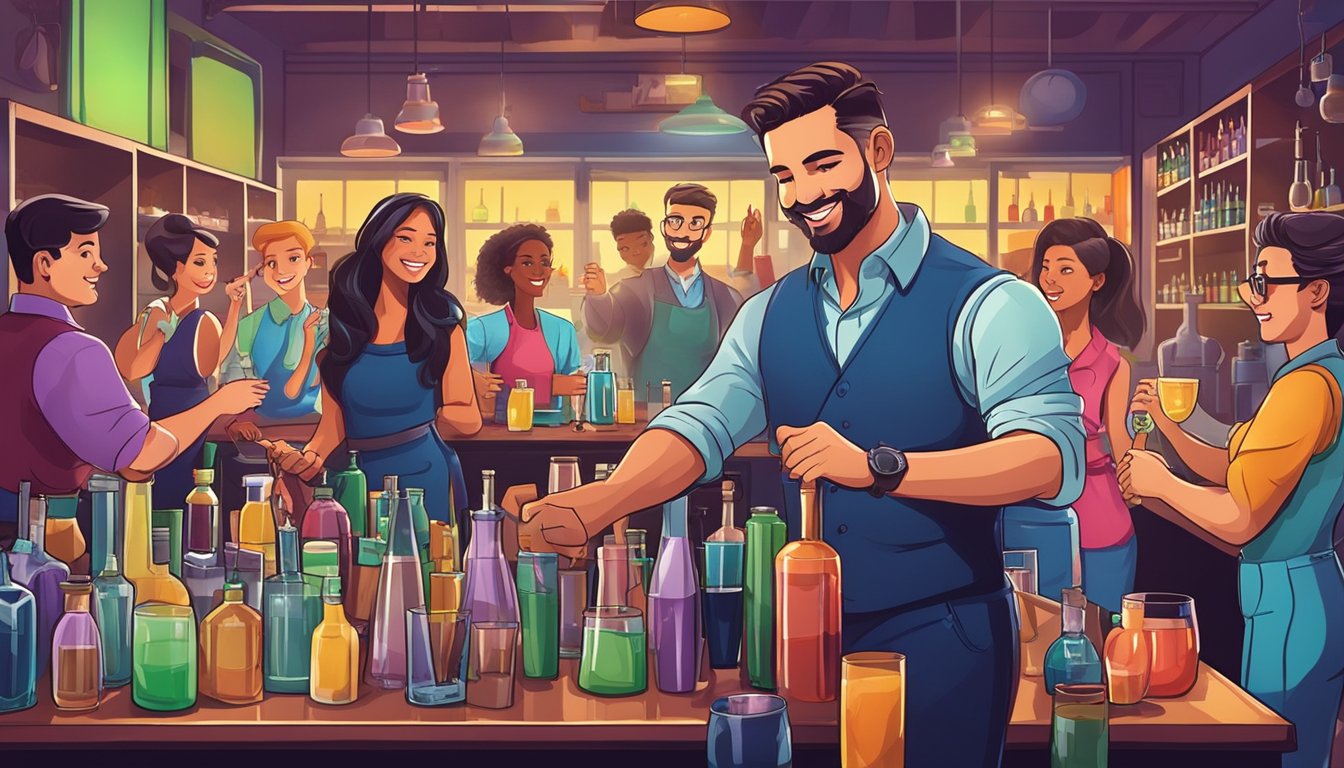 A vibrant classroom setting with bartending tools, cocktail ingredients, and enthusiastic students learning from knowledgeable instructors at the best bartending schools in Texas