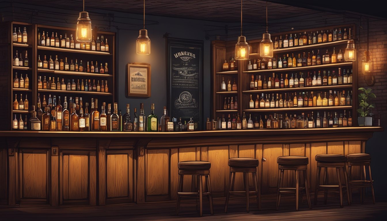 Dimly lit whiskey bar with vintage decor, exposed brick, and a cozy atmosphere. Shelves lined with various whiskey bottles and a polished bar top