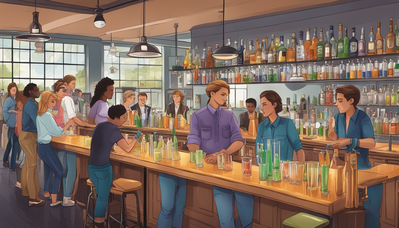 A bustling bartending school in Texas with students practicing mixing drinks and learning about various types of glassware and bartending tools