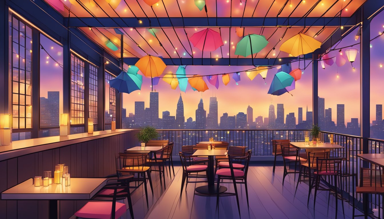 A vibrant rooftop bar with colorful umbrellas, string lights, and cozy seating overlooking the city skyline