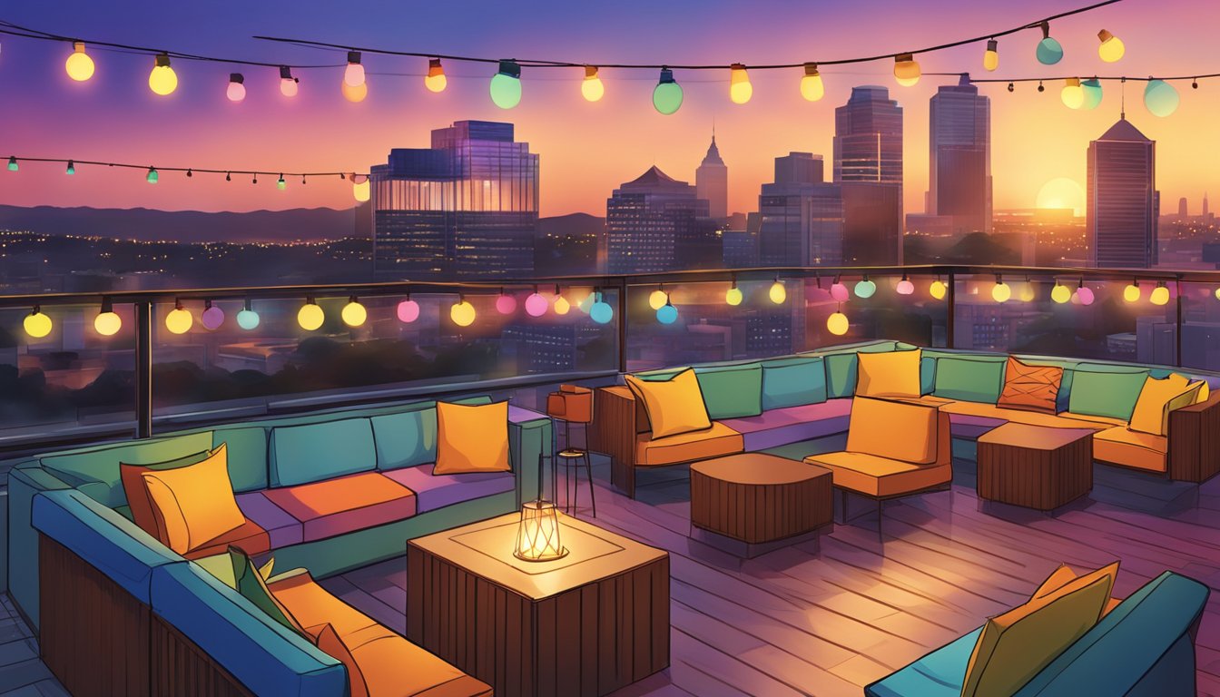 A vibrant rooftop bar in San Antonio with colorful decor, string lights, and a view of the city skyline at sunset