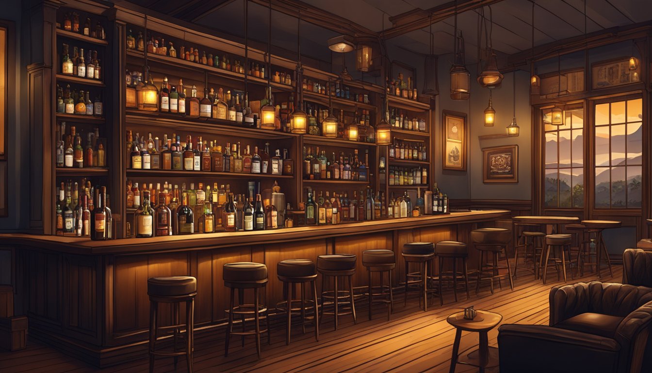 The dimly lit bar is adorned with shelves of whiskey bottles, cozy leather chairs, and a warm, inviting atmosphere