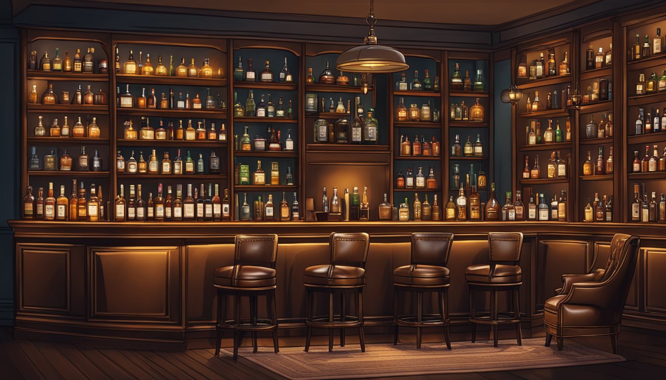 A cozy whiskey bar with dim lighting, leather armchairs, and shelves lined with various whiskey bottles