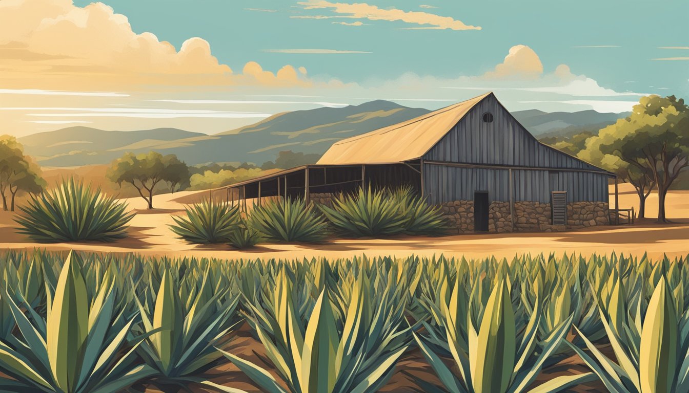 A rustic distillery nestled in the Texas hill country, with rows of agave plants stretching towards the horizon under the warm Texan sun