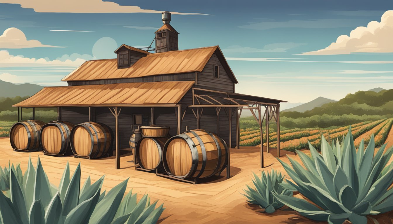 A rustic distillery with copper stills and oak barrels aging tequila, surrounded by fields of agave plants under the Texas sun