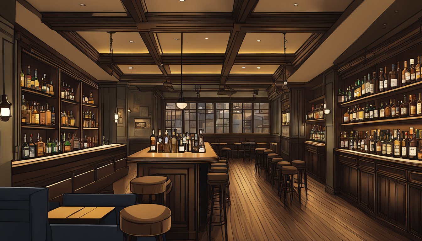 The interior of The Mitchell, Dallas's best whiskey bar, with shelves of various whiskey bottles, dim lighting, and cozy seating areas