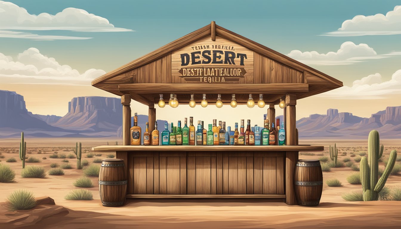 A rustic wooden bar with bottles of Desert Door tequila displayed in front of a Texas desert landscape