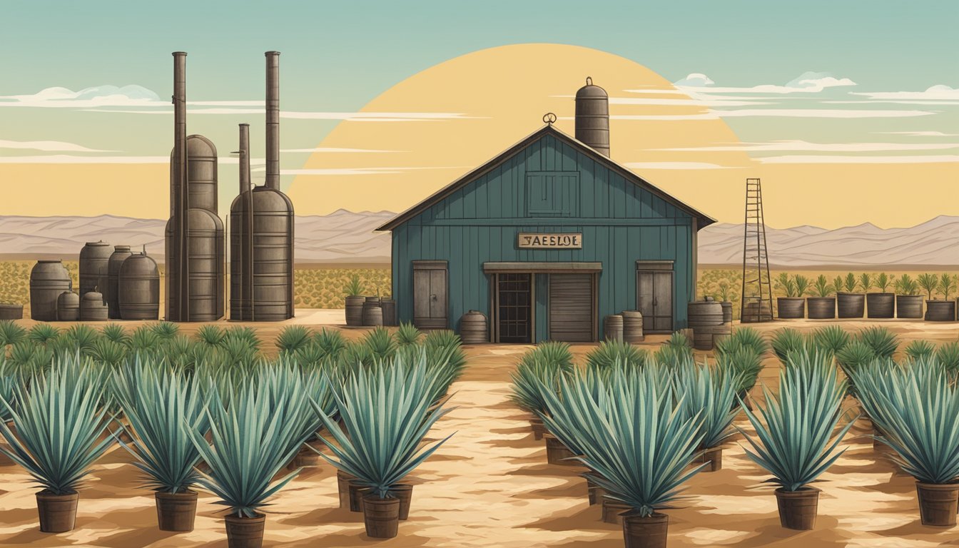 A rustic distillery nestled in the Texas desert, with rows of agave plants stretching towards the horizon under the hot sun