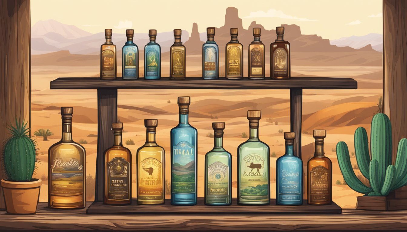 A rustic Texas distillery with 10 unique tequila bottles displayed on a wooden shelf, surrounded by desert landscape and cacti