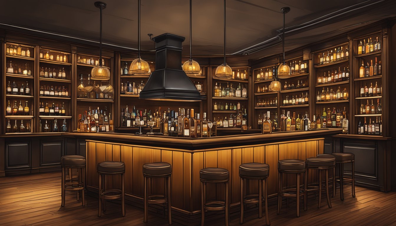 A cozy, dimly lit whiskey bar in Dallas, with shelves lined with various whiskey bottles, leather bar stools, and a warm, inviting atmosphere