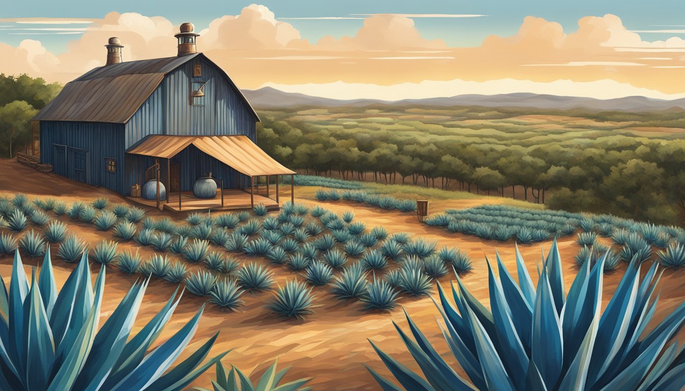 A rustic distillery nestled in the Texas hill country, with fields of blue agave plants stretching towards the horizon. A copper still gleams in the sunlight, surrounded by barrels aging Tequila 512