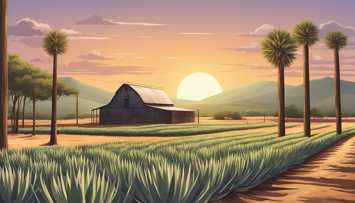 A rustic distillery in the heart of Texas, with rows of agave plants stretching out towards the horizon under the warm Texan sun